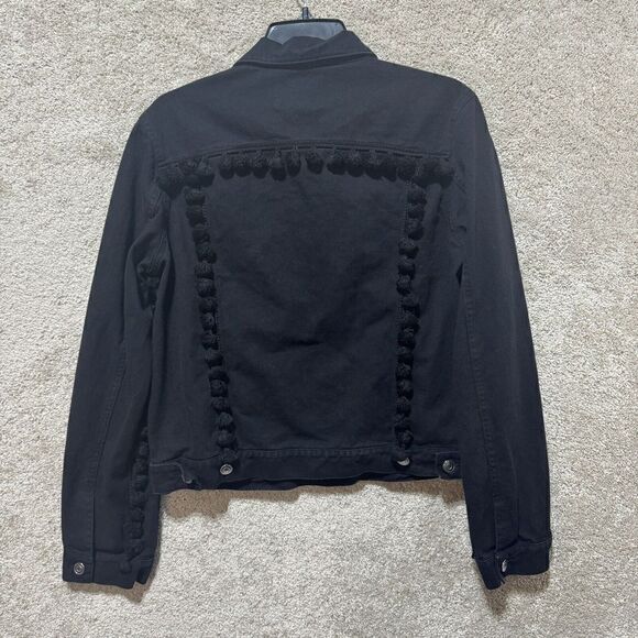 Free The Roses Denim Jean Jacket Black Pom Pom Women's Large Button Up - Picture 12 of 12